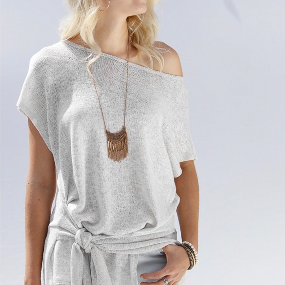 Gray Off The Shoulder Knit Top - Picture 2 of 4